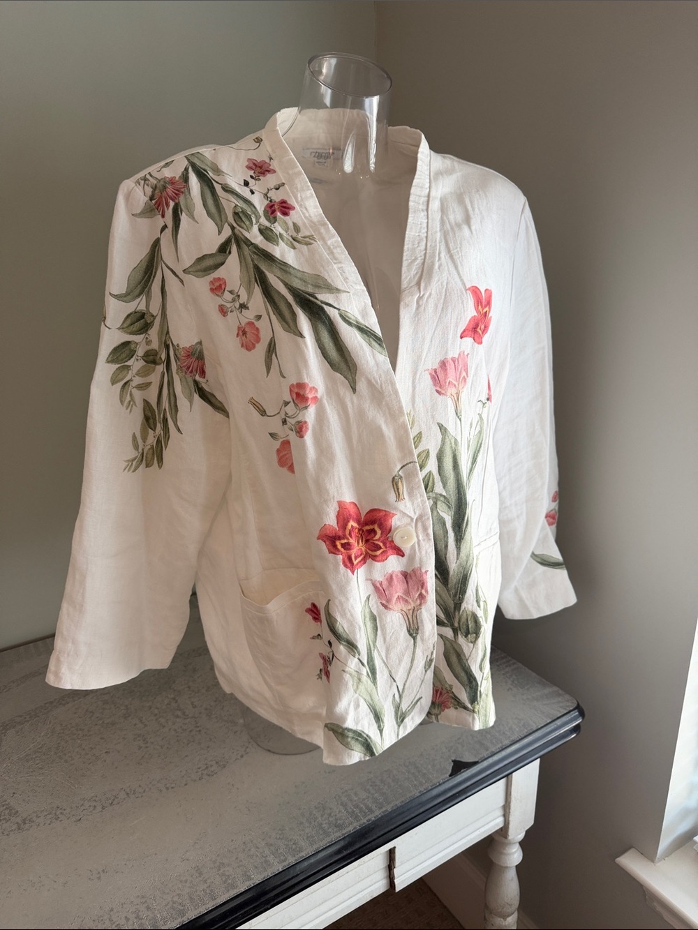 Chico's White Linen Blazer with Pink & Red Floral Print Chico’s 4 (US 20/22)